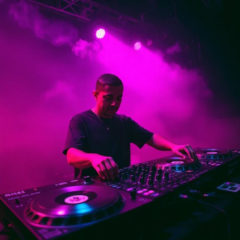 DJ tocando ao vivo com luzes roxas